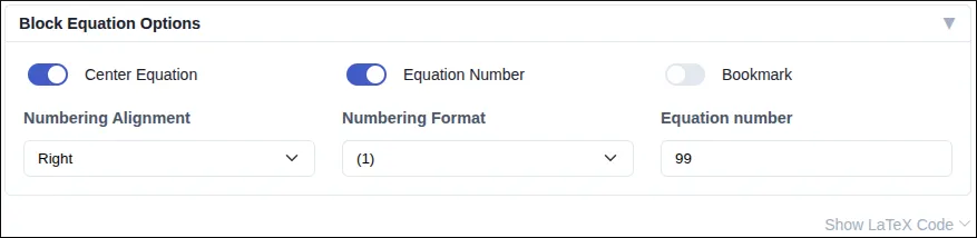 Advanced formatting options for block equations in Google Docs.