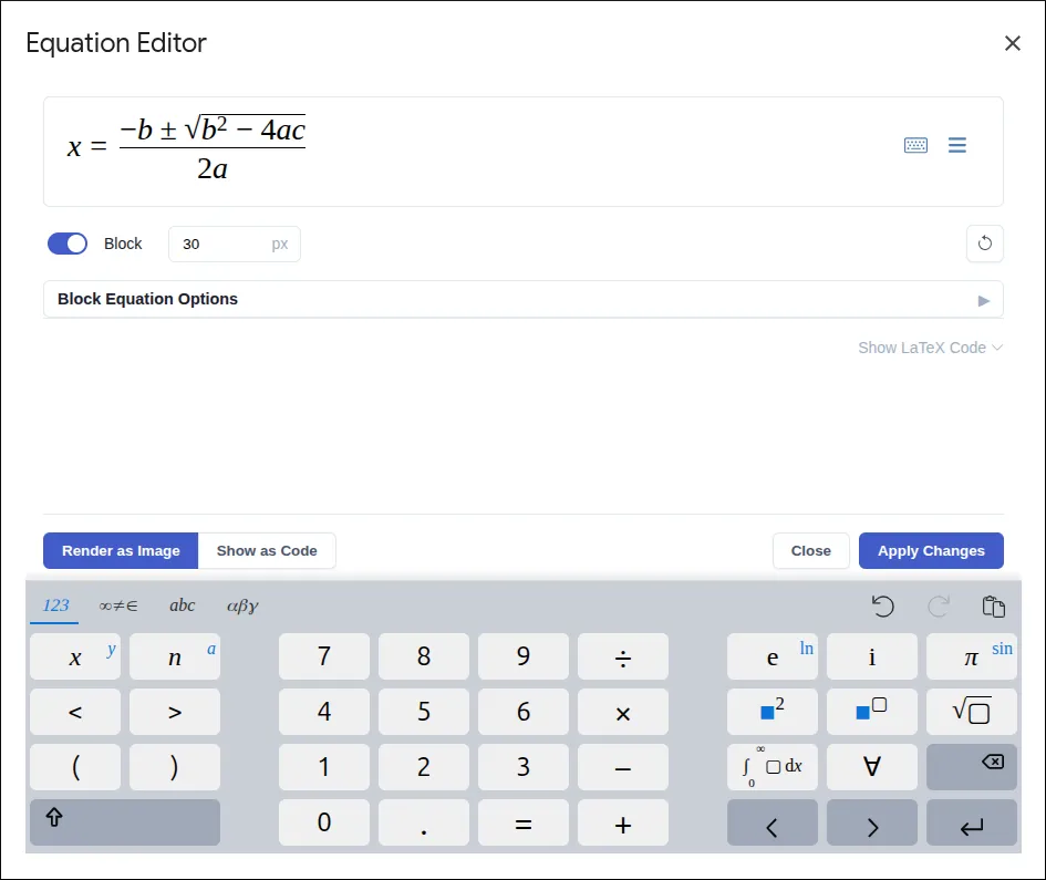 The Advanced Equation Editor interface with an example equation.