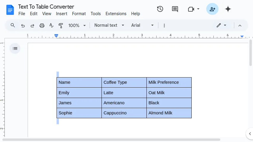 Table selected in Google Docs™