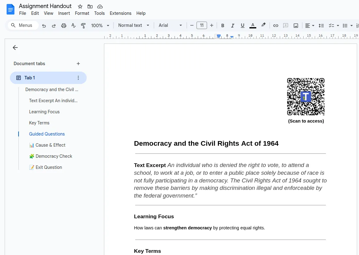 Sample handout with a QR code header