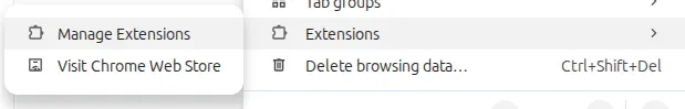 Chrome menu showing Extensions > Manage Extensions