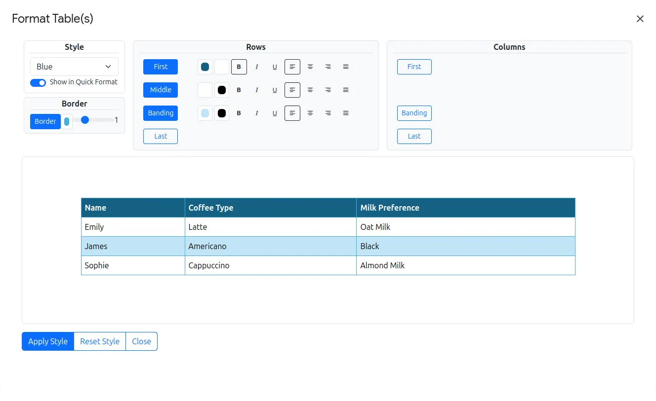 Preview window for table formatting customization