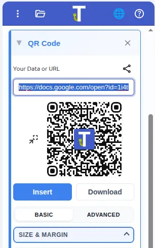 QR Code sidebar with the “Share this document via QR code” icon highlighted