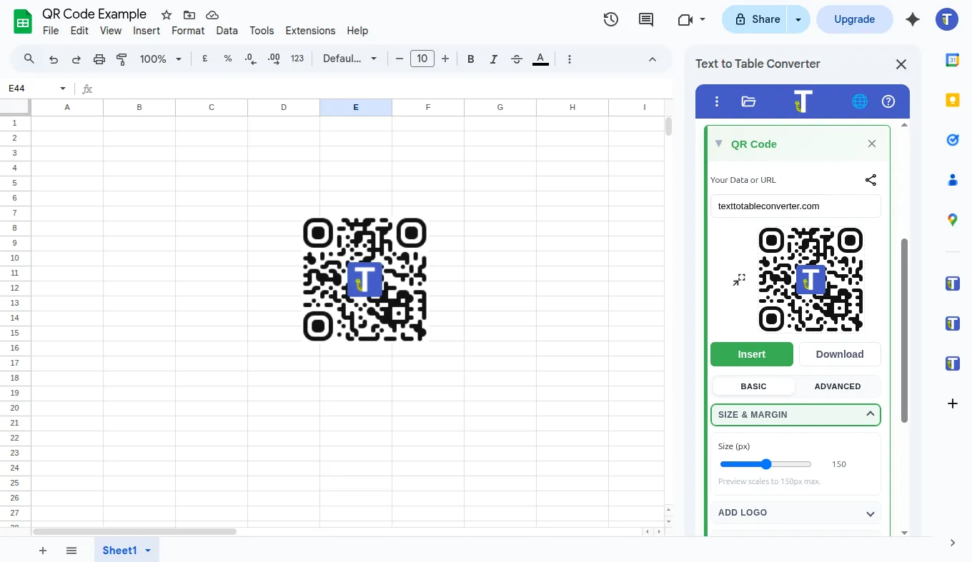QR code inserted result in Google Sheets™