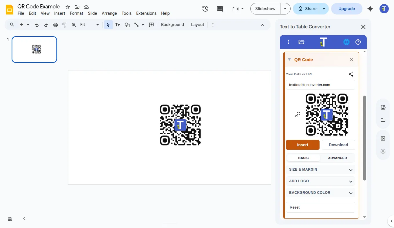 QR code inserted result in Google Slides™