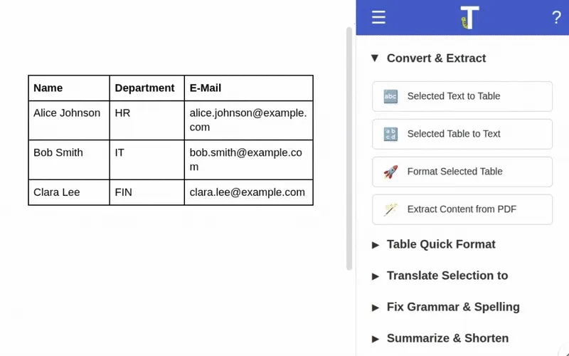 Convert table to text animation