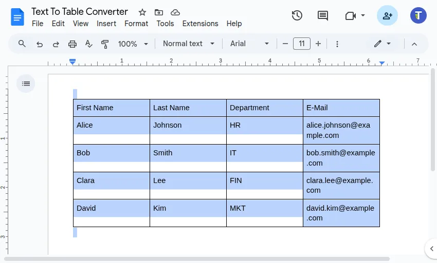 Select the table to convert