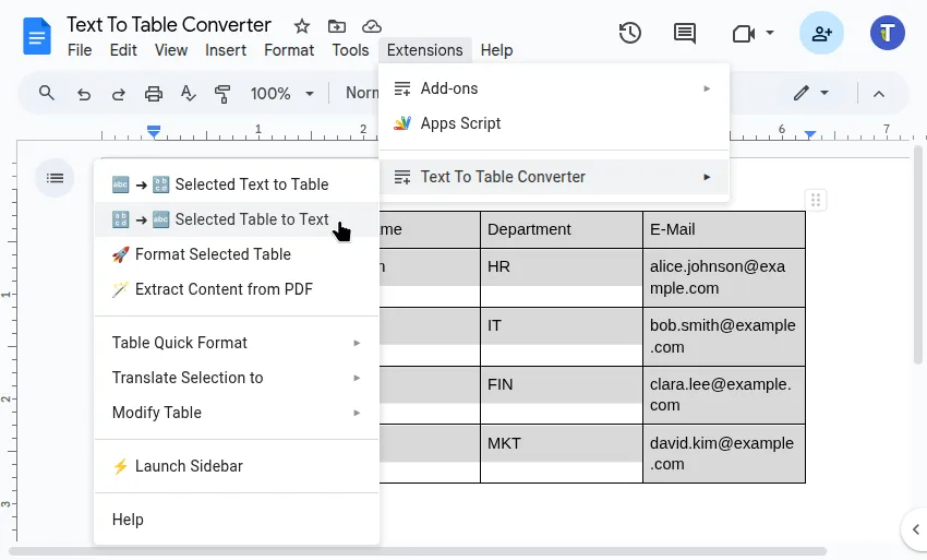 Convert the table to text menu options