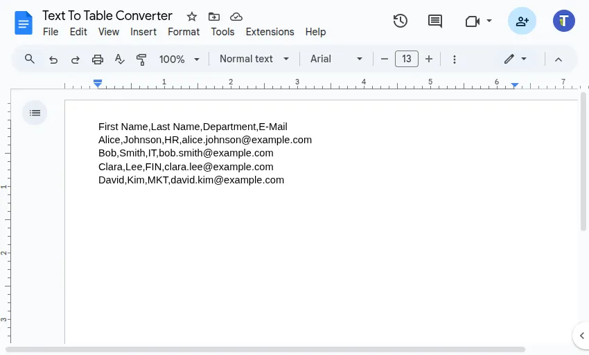 Resulting text shown below the original table