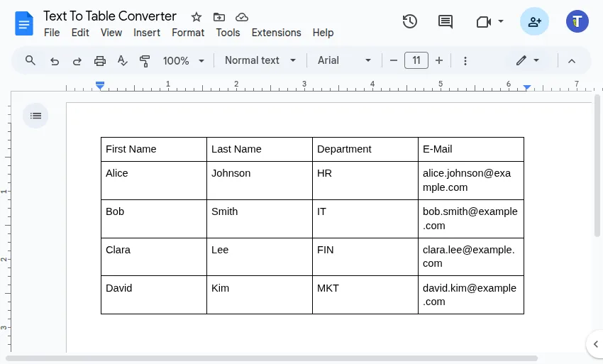 Screenshot of the resulting table