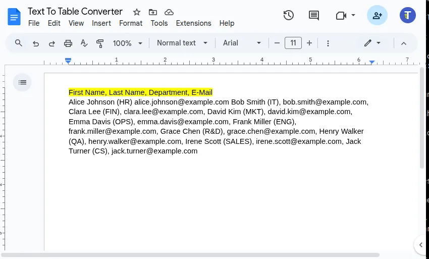 Screenshot of the resulting table created from unstructured text with predefined headers