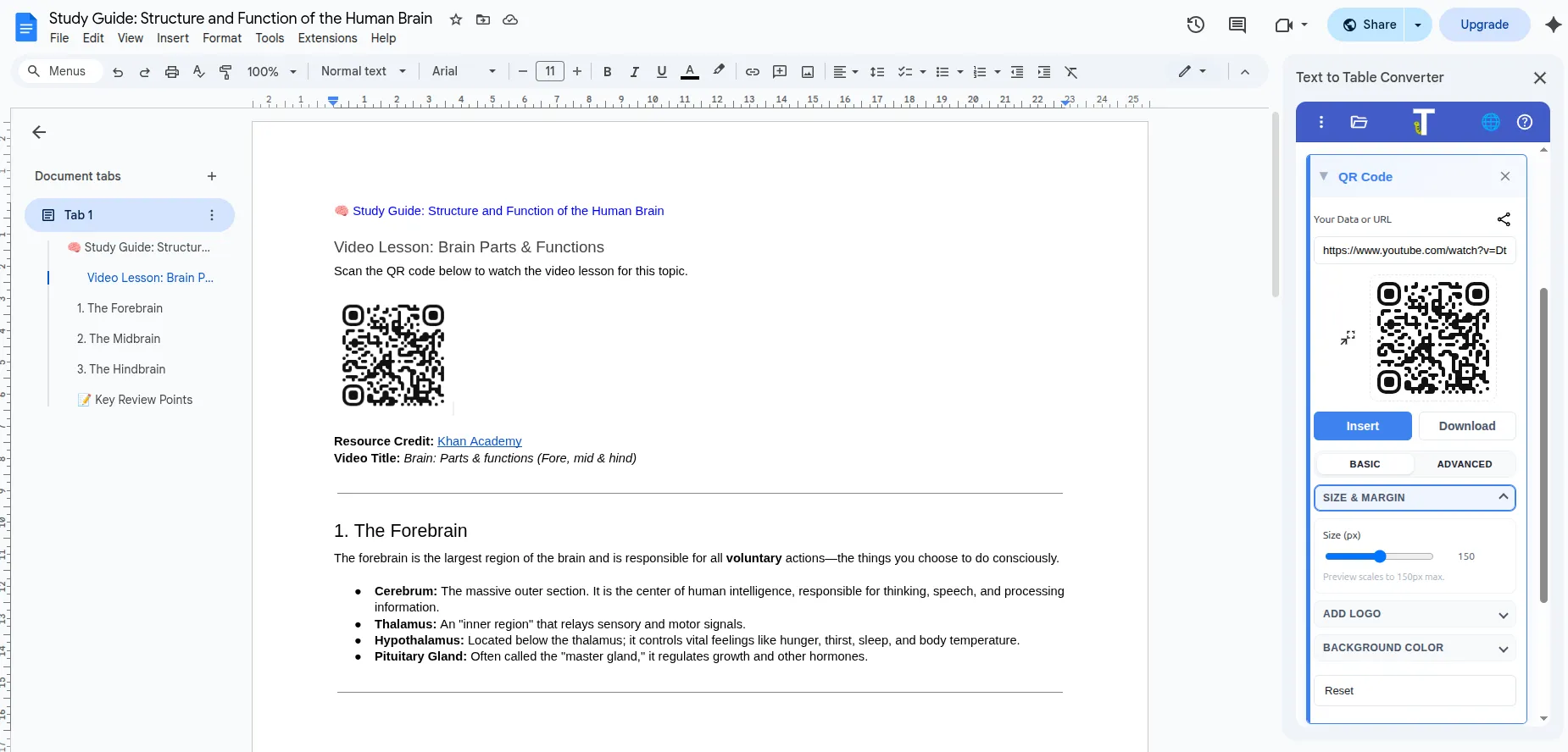 Worksheet with a QR code that links to a video